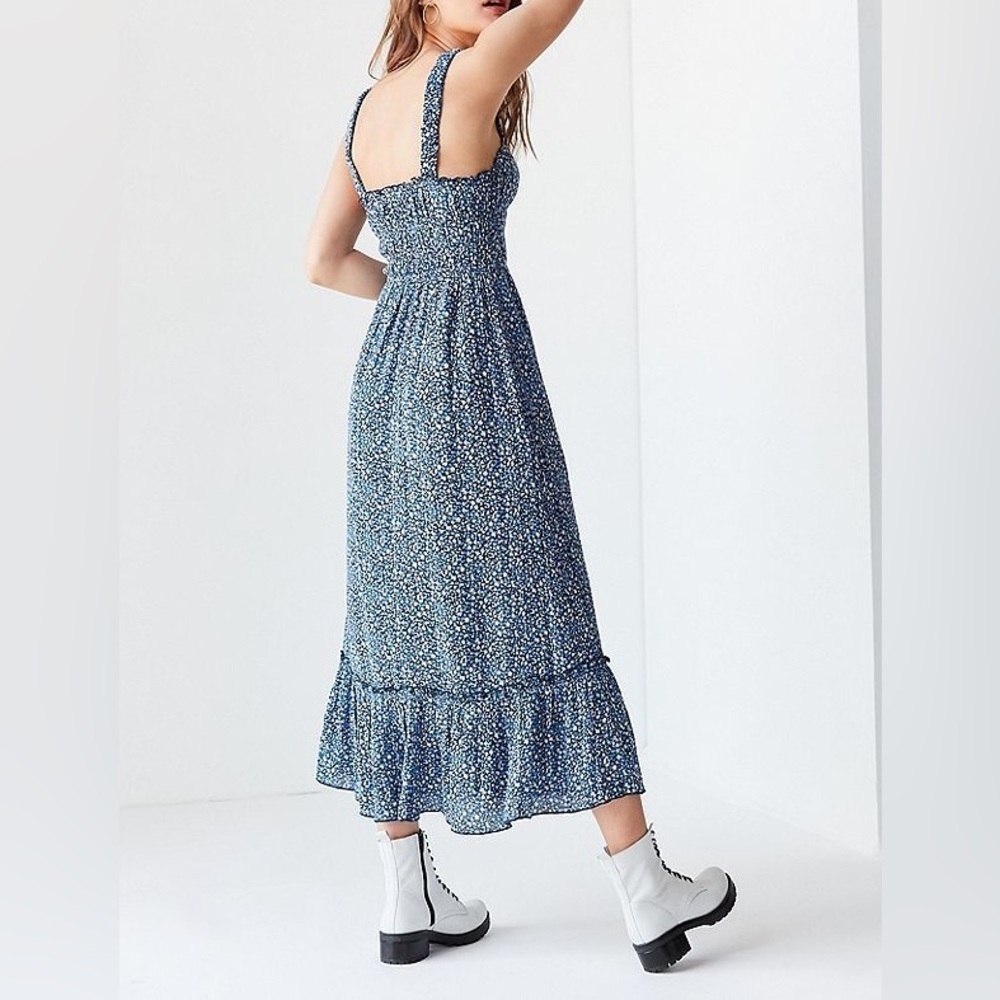Urban Outfitters Ophelia Ditsy Floral Ruffle Hem Midi Dress in Blue Multi